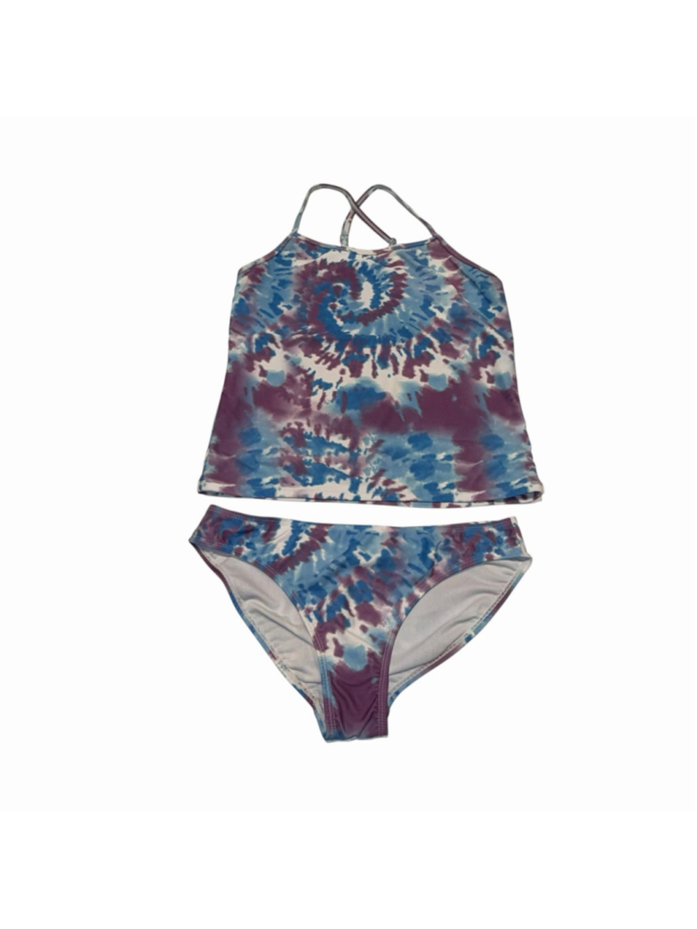 Girls 15/16 Tie Dye Tankini Swimsuit 2 Piece Blue Purple Racerback Swim Set